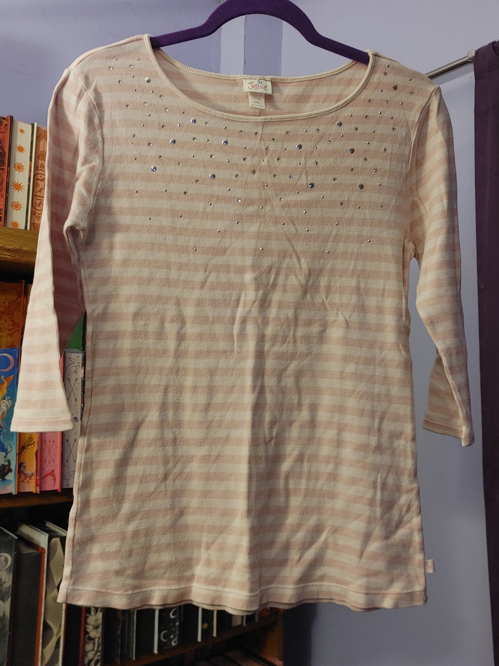 Justice Pink Striped Rhinestone Ribbed Top - Fits Adult L/XL
